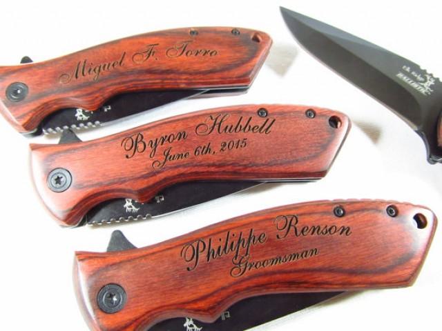 Knife Wood 7 Personaliz​ed Engraved Spring Assist Knives Groomsmen Gift Sets 