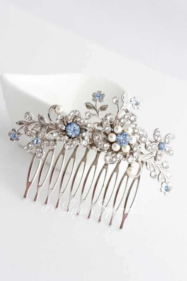 Blue flower large gold comb Crystal hair comb, Bridal hair piece Wedding hair comb Bridesmaid comb Something blue Wedding hair piece