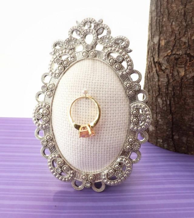 Wedding Ring Holder; Oval Rhinestone Frame, Bling Picture Frame