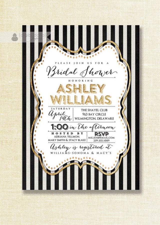 Gold Black & White Bridal Shower Invitation Gold Glitter Sparkly Striped Linen Shabby Chic FREE