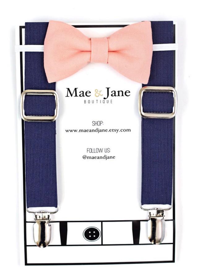 Boys Bow Tie And Suspenders SET! Peach Boys Bow Tie And Navy Blue