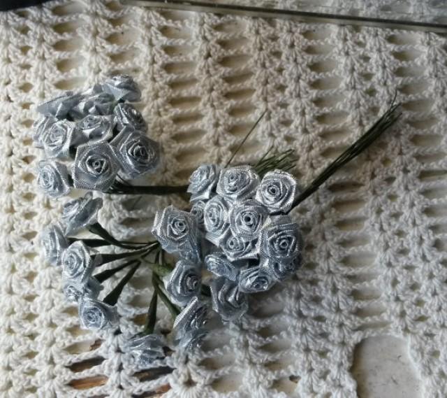 Silver Flower Picks Fabric Metalic Flowers Roses Wired Stems Millinery