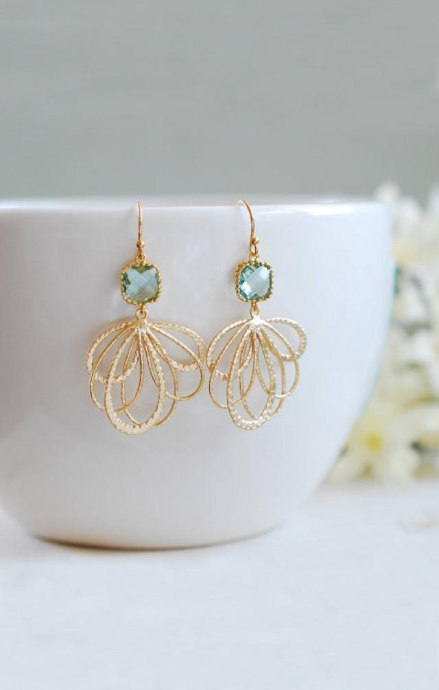 Gold Aqua Blue Dangle Earrings. Aquamarine Gold Filigree Aqua Blue