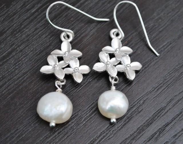 Pearl Earrings Cherry Blossom Flower Silver Matte Rhodium Fres Water