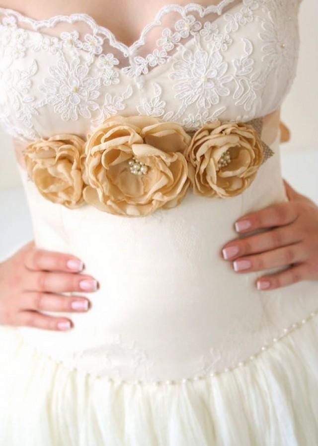 Rustic Flower Bridal Sash, Tan Champagne Mocca Chiffon Flower Sash