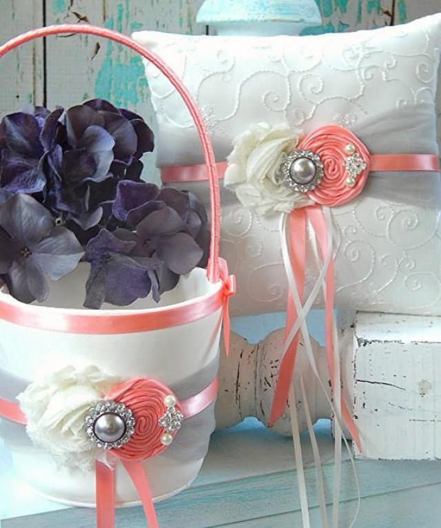 CORAL And Grey Flower Girl Basket And Ring Bearer Pillow Set / Flower