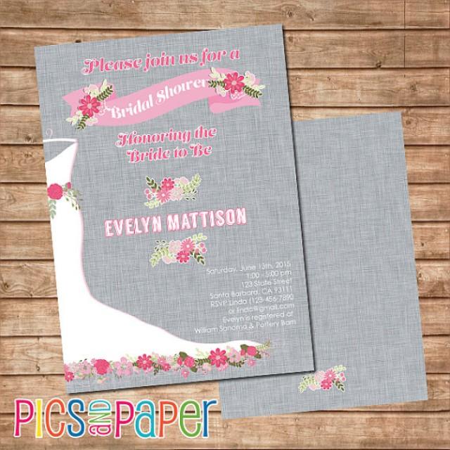 Bridal Shower Invitation Pink And Gray With Wedding Gown And Flowers
