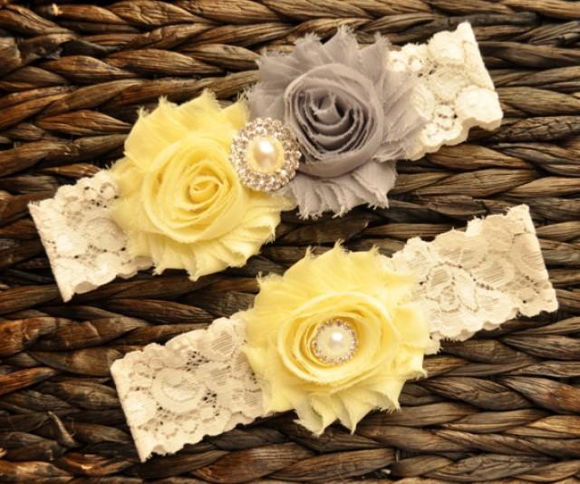 Wedding Garter Set, Bridal Garter Set, Light Yellow Wedding Garter, Gray Bridal Garter, Ivory