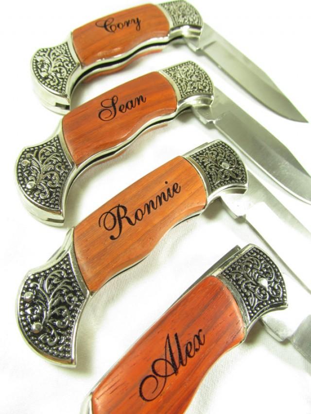 Set Of 6 Personalized Engraved Rosewood Handle Pocket Hunting Knife
