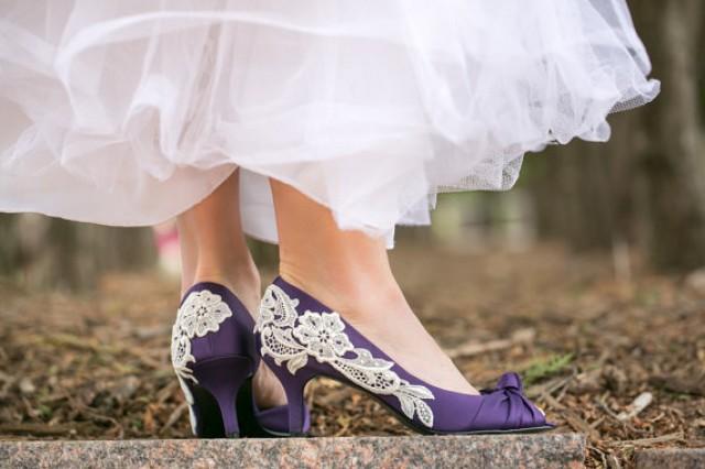 Wedding Shoes - Purple Heels, Purple Bridal With Ivory Lace. US Size 10 #2284930 - Weddbook