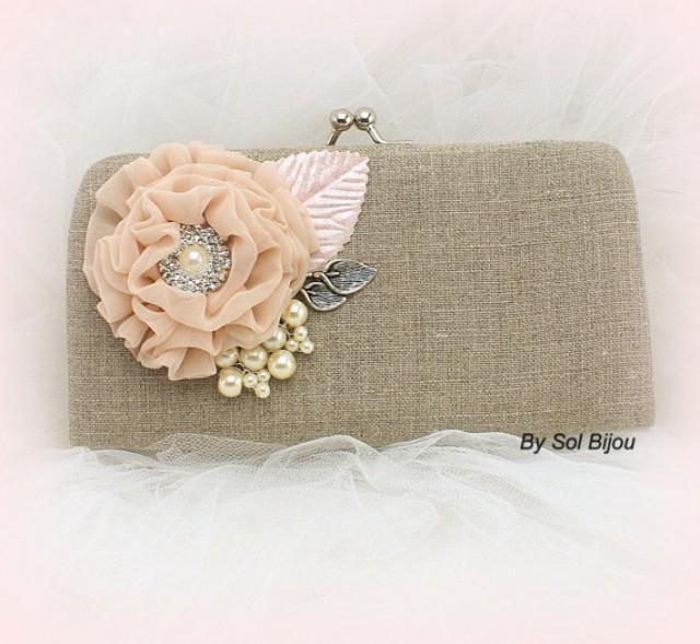 Linen Clutch, Handbag, Maid Of Honor, Bridesmaids In Blush, Ivory And
