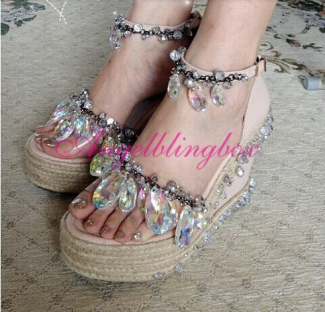 Bling Crystal Prom Wedges, Custom Crystal Wedge Sandals, Bling Wedding