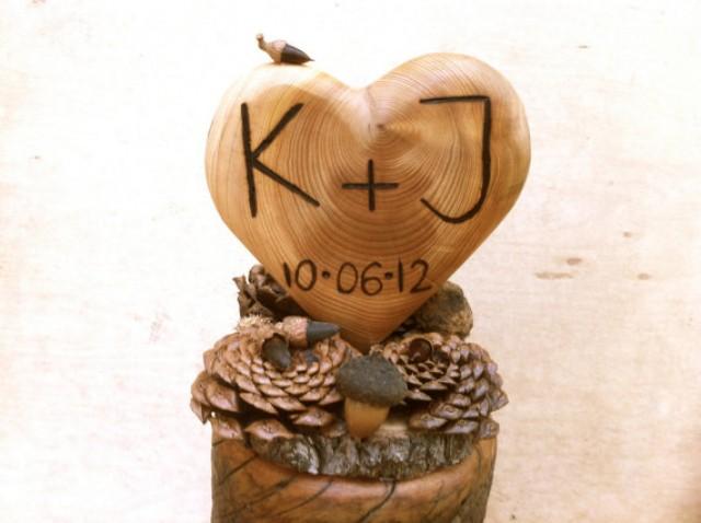 Rustic Wedding Cake Topper Wooden Heart Pine Cone Fall Country