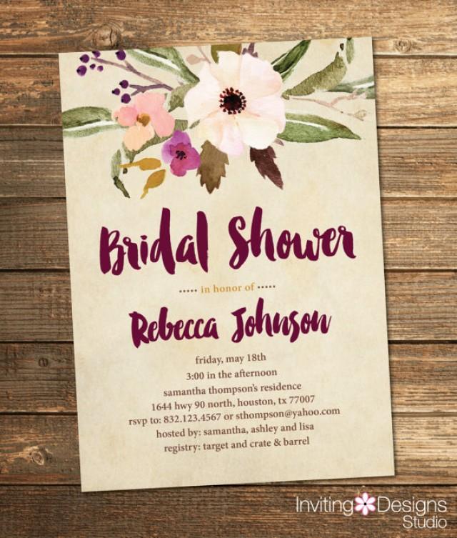 Bridal Shower Invitation, Watercolor, Floral, Fall, Purple, Plum, Wine, Coral, Gold, Brown