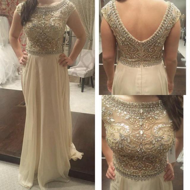 Evening Gowns With Sheer Short/cap Sleeves See Through Crystal Beaded