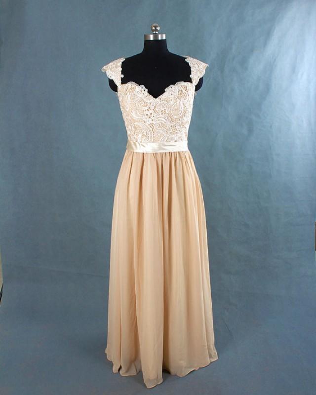 Champagne Long Lace Bridesmaid Dress Chiffon Dress With Cap Sleeves And Open Back Prom Dress 3251