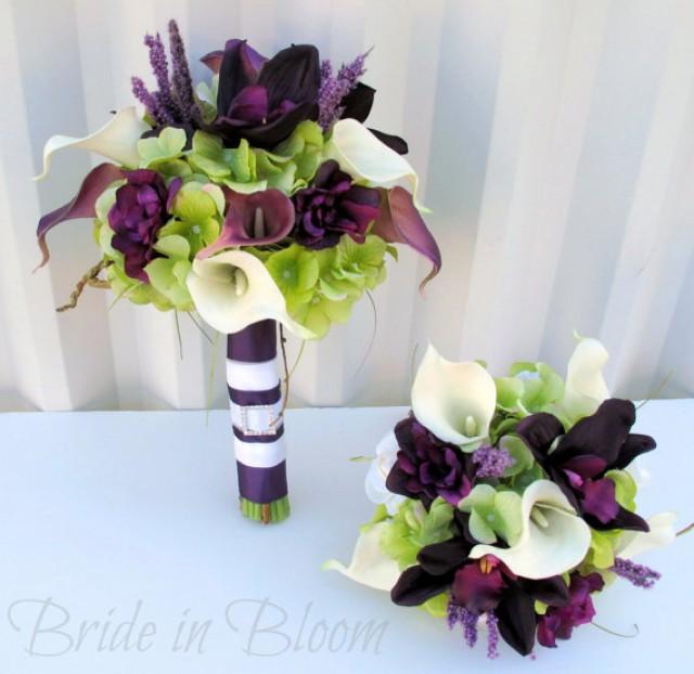 Plum Wedding Bouquet 3 Piece Set Real Touch Wedding Flowers Calla Lily Orchid Bridal Bouquet