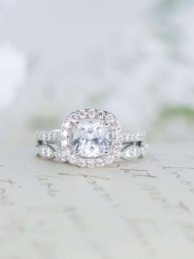 Halo Wedding Set Engagement Ring Wedding Ring Cushion Cut Ring