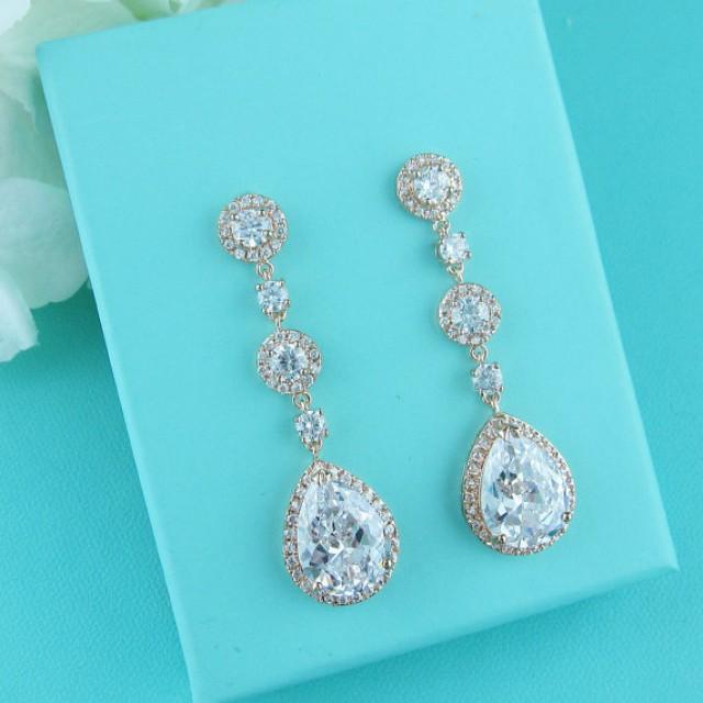 Rose Gold Bridal Earrings, Cubic Zirconia Earrings, Gold Wedding