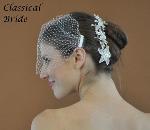 Bandeau 72 Veil Set W/ SILVER RHINESTONE FLOWER Hair Comb & Ivory Or