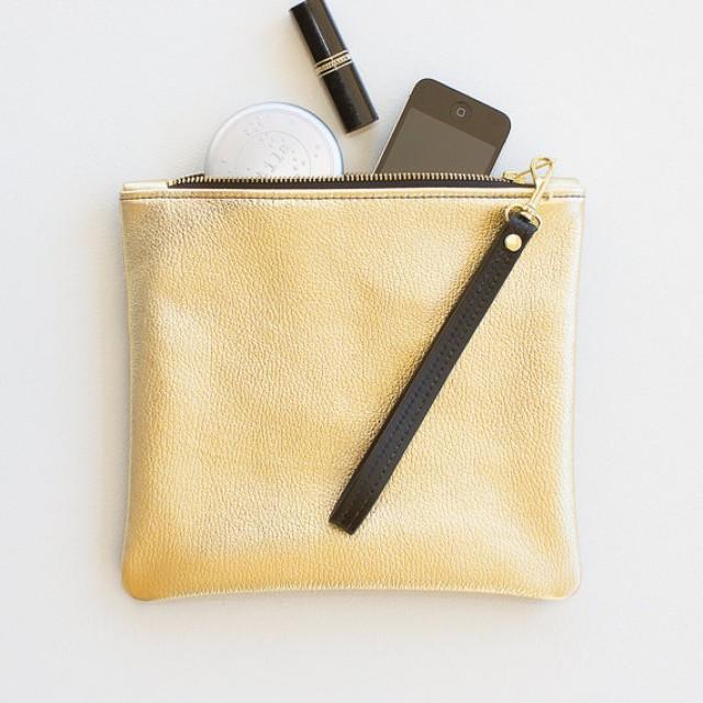 Metallic Gold Leather Fold Over Zipper Clutch, Fold Over Wristlet, Everyday Wristlet, Evening