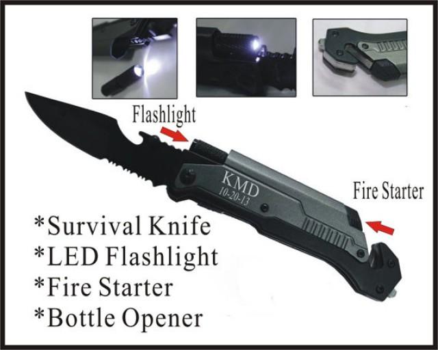 6 Personalized Black Rescue Pocket Hunting Knife Custom Engraved Knife Led Flashlight, Bottle