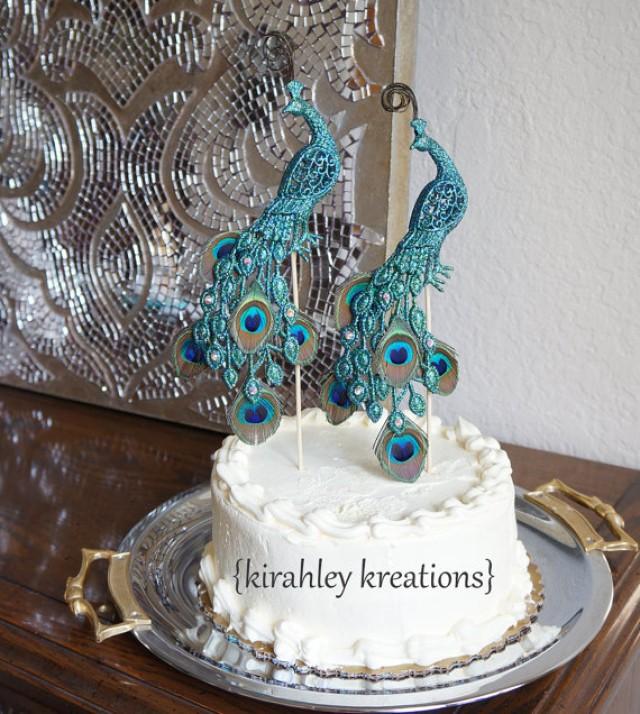 PEACOCK Wedding Cake Toppers & Glittery Iridescent Green