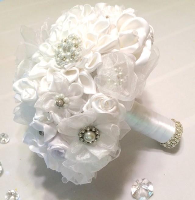 Pugster Handmade White Rhinestone Satin Ribbon Wedding Bouquet Pearl Pin Brooch