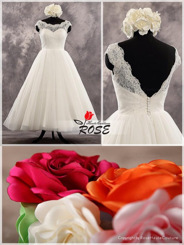 Ivory Tea Length Cap Sleeves Sweetheart Neckline Lace Bodice Tulle