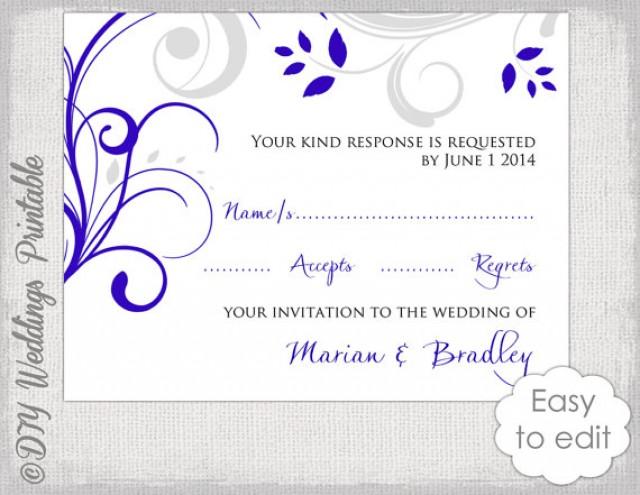 Response Card Template DIY Royal Blue Silver Gray quot Scroll quot Wedding