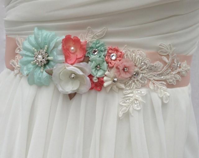 Bridal SashWedding Sash In Vintage Peach, Ivory, Mint And Coral With Lace, Pearls And Crystals