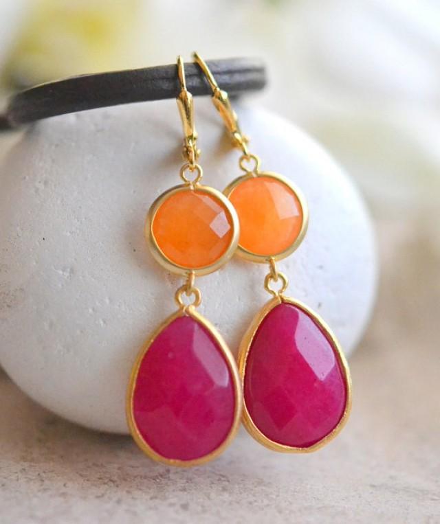 Dangle Earrings With Fuchsia Teardrop And Orange Jewels. Jewelry