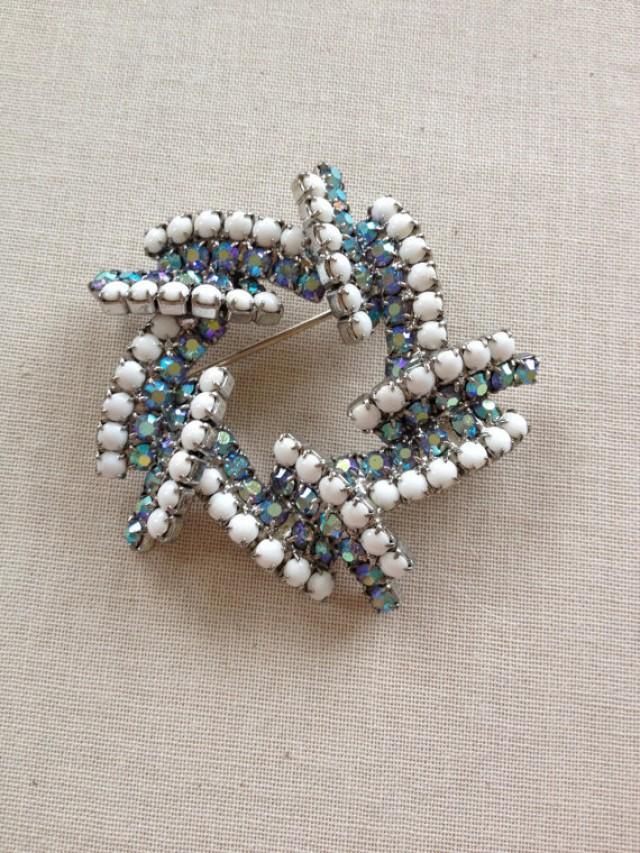 Vintage Brooch, Milk Glass And Sapphire AB Rhinestone Brooch, Milk Glass, Bridal Sash Pin