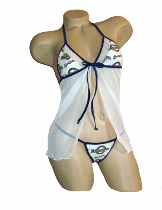 Milwaukee Brewers Lace Babydoll Negligee Lingerie Teddy Set Wt w/Panties XS Extra Small to L Large Please READ SIZING Info 