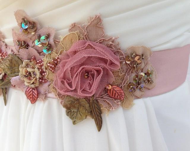 Beaded Lace Bridal Sash, Wedding Sash In Dusty Rose, Champagne And Sage