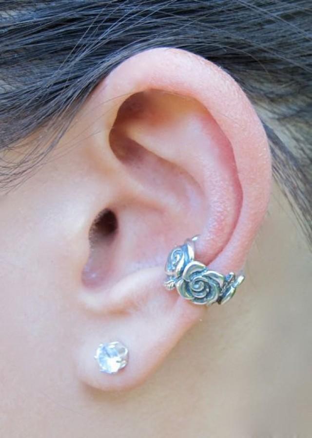Silver Ear Cuff Rose Ear Cuff Rose Jewelry Rose Earring Non