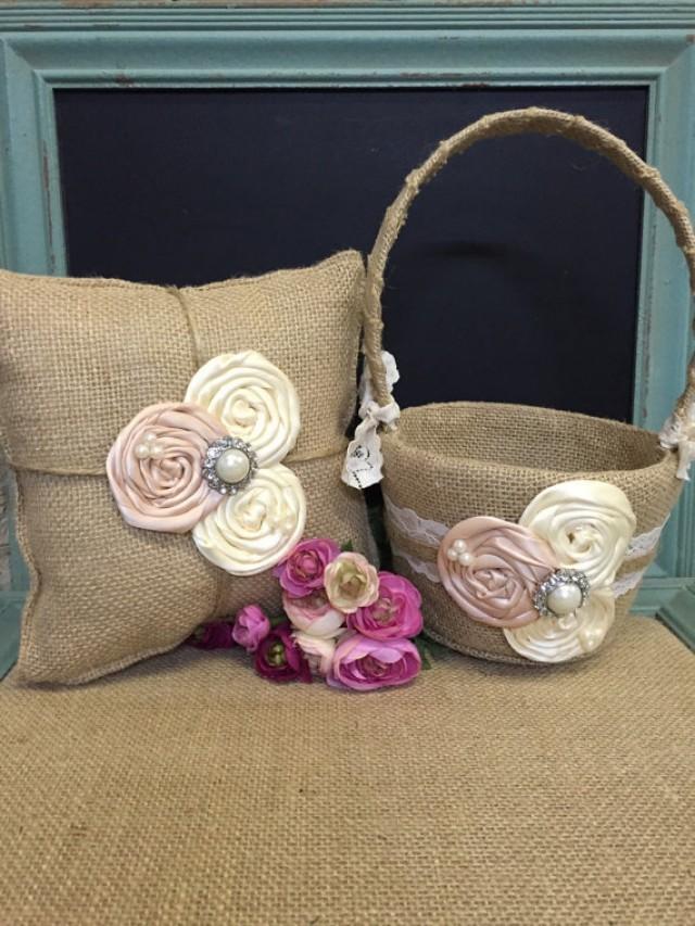 Burlap Flower Girl Basket / Ring Bearer Pillow Burlap Pillow , Burlap