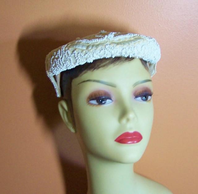 1950s BEADED & EMBROIDERED HAT Ivory With White Beads Cocktail Hat