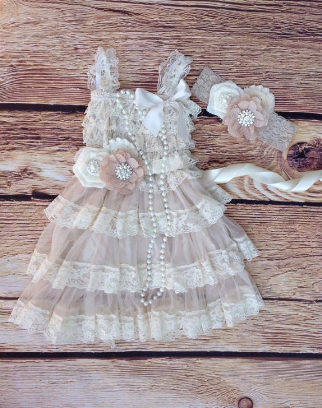Tan Beige Lace BurlapToddler Baby Girl Dress, Burlap Flower,Tan Beige Flower Girl Dress, Toddler