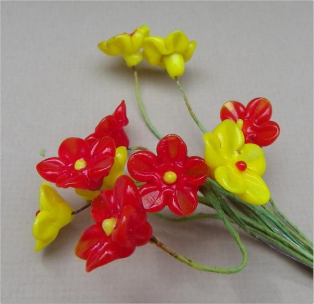 GLASS FLOWER BOUQUET, Small Yellow And Red Flowers, Ribbon Wrapped Stem