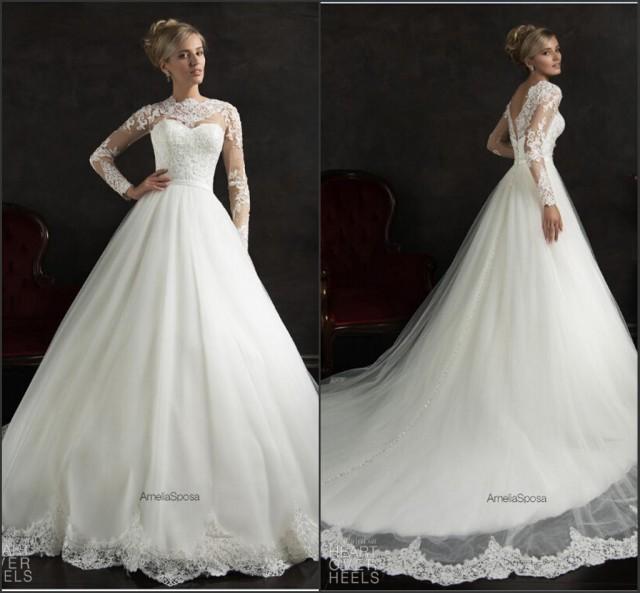 Long Sleeve Amelia Sposa White Wedding Dresses 2015 Illusion Lace