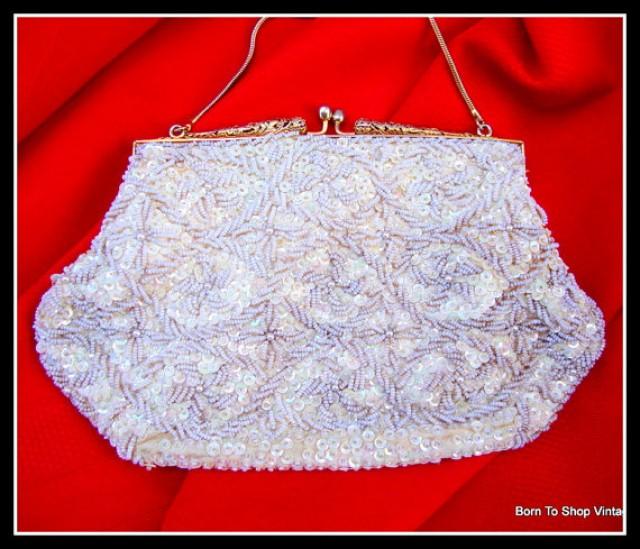 White Bridal Clutch, Purse, Beaded, Handbag, Vintage 1970s, Gold
