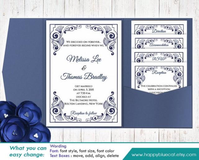 Diy Printable Pocket Wedding Invitation Template Set Instant Download Editable Text Vintage Blue Navy Microsoft Word Format H11n 2294187 Weddbook