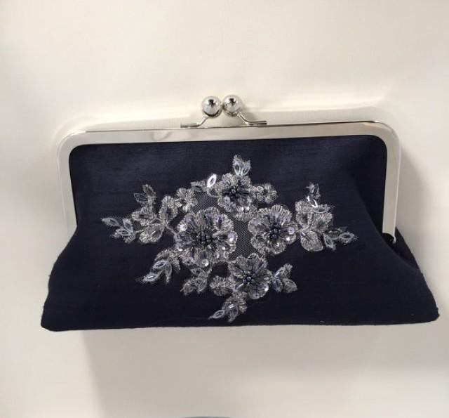 Navy Silk Clutch, Wedding Purse, Cocktail Purse, Silver Beaded Bridal