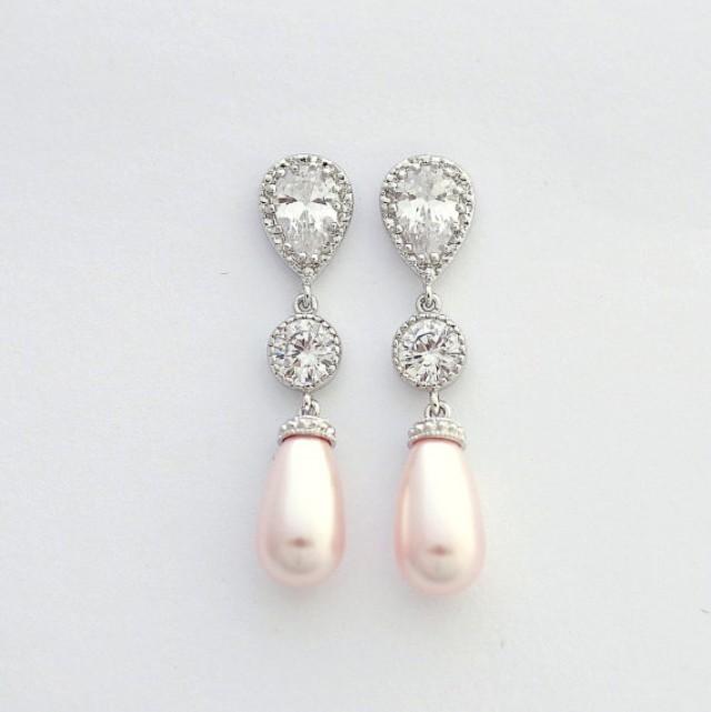 Blush Pink Pearl Earrings Bridal Earrings Silver With Swarovski Pearl