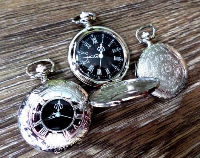 Pocket Watch Unique Silver Quartz With Vest Chain Groomsmen Gift Mens
