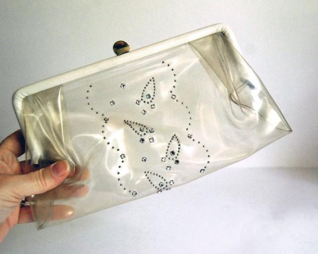 Vintage Clear Plastic Clutch 1950s Purse Rhinestones Retro Evening Bag Transparent Wedding ...