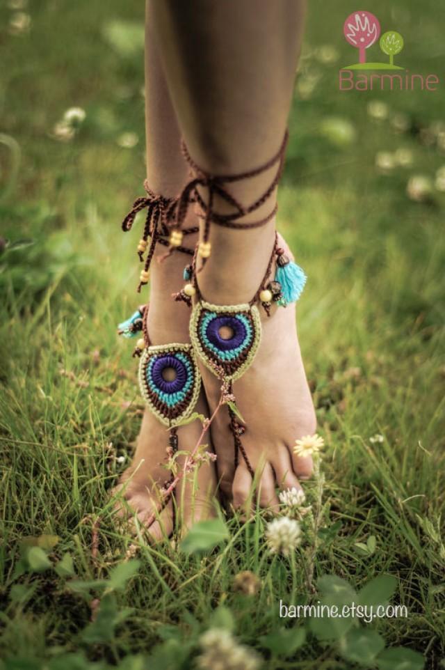 Barefoot Sandals Tribal Peacock Czech Beads Crochet Foot Jewelry Hippie Festival Wear Yoga Beach