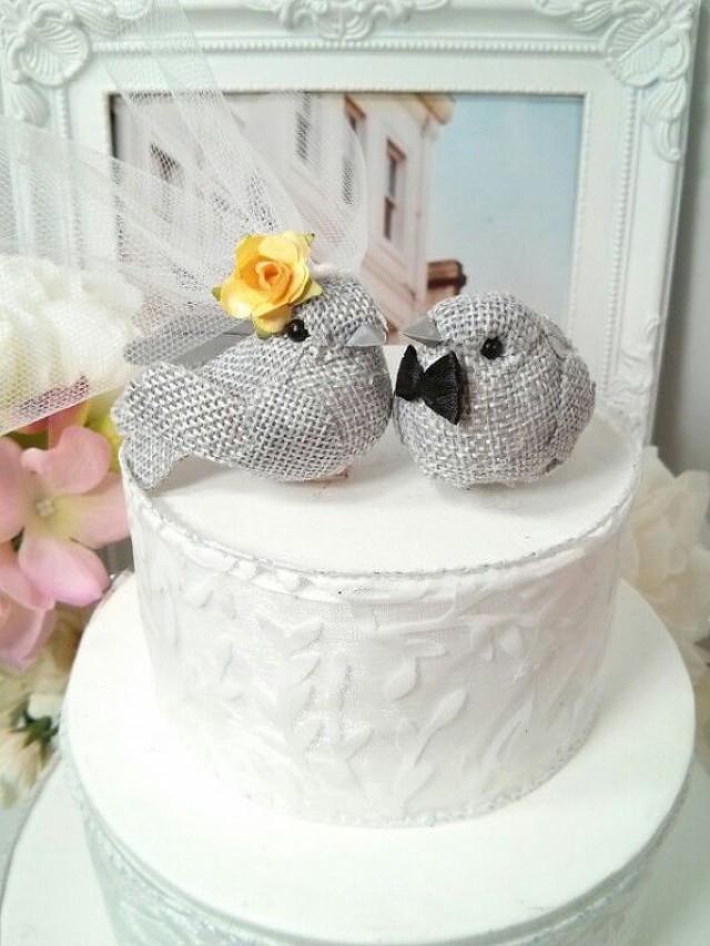 Small Wonderful Rustic Burlap Yellow And Grey Bird Wedding Cake