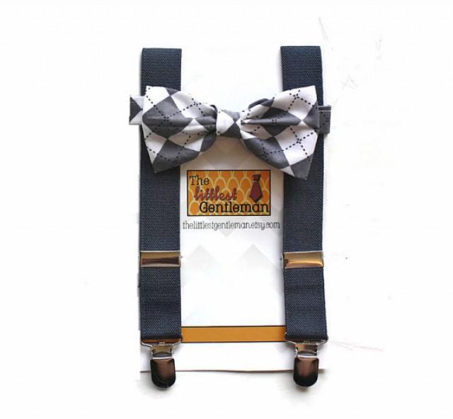 Boy Bow Tie Suspenders Set, Charcoal Dark Grey Bow Tie Suspenders Set, Baby Boy Suspenders